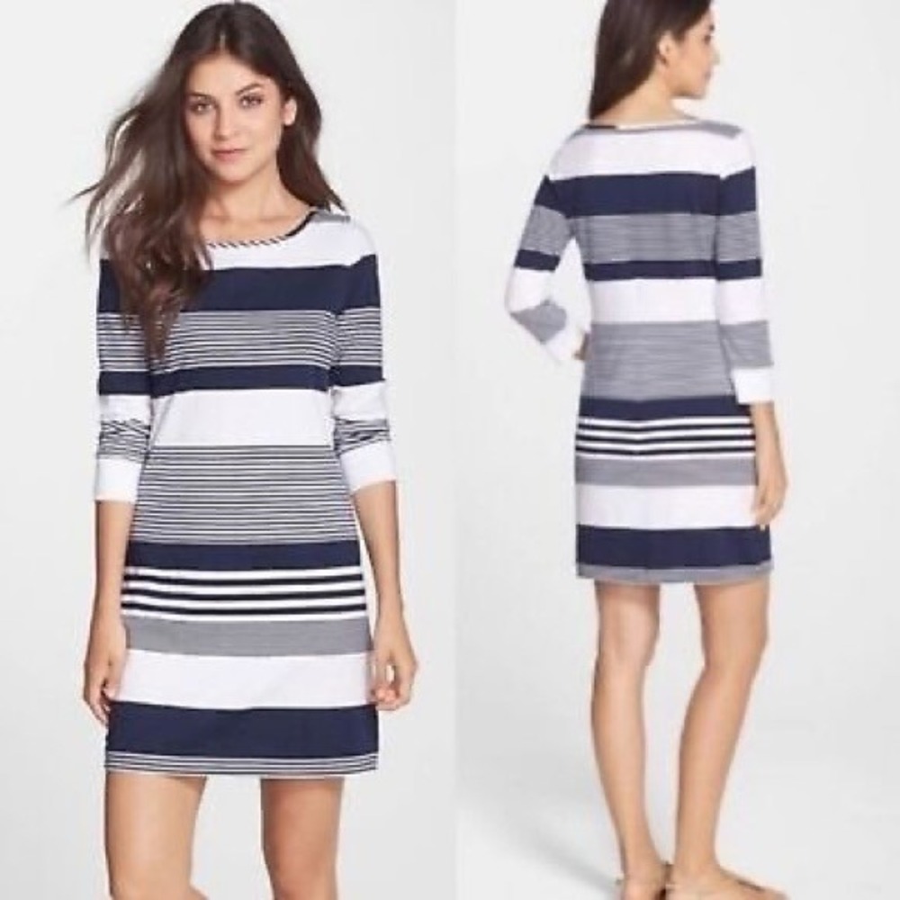 Lilly Pulitzer Marlowe Dress Sz M Navy Blue White Stripe 3/4 Sleeve Pima Cotton